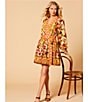 A Loves A Woven Floral Print Surplice V-Neck Long Bubble Sleeve A-Line Wrap Above the Knee Dress, Color:Camel Multi - Image 4