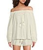 A Loves A Woven Lace Adjustable Tassel Off the Shoulder Neck Long Balloon Sleeve Coordinating Blouse, Color:Ivory - Image 1