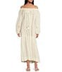 A Loves A Woven Lace Adjustable Tassel Off the Shoulder Neck Long Balloon Sleeve Caftan Maxi Dress, Color:Ivory - Image 1