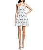 A Loves A Woven Paisley Embroidery Square Neck Spaghetti Strap Smocked Bodice Tiered A-Line Flounce Mini Dress, Color:White/Blue - Image 1