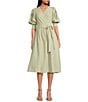 A Loves A Woven Pinstripe Rhinestone Embellished 3/4 Bubble Sleeve Surplice V-Neck Flounce Wrap Midi Dress, Color:Antique Jade - Image 1
