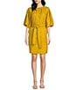 A Loves A Woven Ruched Crew Neck Short Bubble Sleeve Button Front Tie Waist Sheath Mini Dress, Color:Citron - Image 1