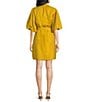 A Loves A Woven Ruched Crew Neck Short Bubble Sleeve Button Front Tie Waist Sheath Mini Dress, Color:Citron - Image 2