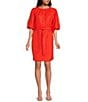 A Loves A Woven Ruched Crew Neck Short Bubble Sleeve Button Front Tie Waist Sheath Mini Dress, Color:Orange Sun - Image 1