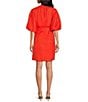 A Loves A Woven Ruched Crew Neck Short Bubble Sleeve Button Front Tie Waist Sheath Mini Dress, Color:Orange Sun - Image 2