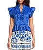 A Loves A Woven Ruffle Collar Split V-Neck Flutter Cap Sleeve Cropped Blouse, Color:Cobalt Blue - Image 1