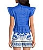 A Loves A Woven Ruffle Collar Split V-Neck Flutter Cap Sleeve Cropped Blouse, Color:Cobalt Blue - Image 2