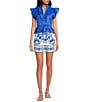 A Loves A Woven Ruffle Collar Split V-Neck Flutter Cap Sleeve Cropped Blouse, Color:Cobalt Blue - Image 3