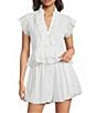 A Loves A Woven Ruffle Collar Split V-Neck Flutter Cap Sleeve Cropped Blouse - Image 1