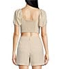 Color:Taupe - Image 2 - Woven Sweetheart Neck Short Sleeve Cropped Linen Coordinating Top