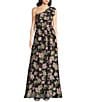 Abbey Glass Caroline Organza Floral Jacquard Asymmetrical Neck Sleeveless Bow One Shoulder Bow Pocketed A-Line Gown, Color:Black Organza - Image 1