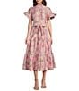 Abbey Glass Floral Print Sadie Ruffle Short Sleeve Tie Waist Tiered Pocketed Midi Dress, Color:Pink Paradise - Image 1