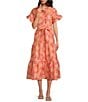 Abbey Glass Floral Print Sadie Ruffle Short Sleeve Tie Waist Tiered Pocketed Midi Dress, Color:Hot Coral - Image 1