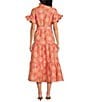 Abbey Glass Floral Print Sadie Ruffle Short Sleeve Tie Waist Tiered Pocketed Midi Dress, Color:Hot Coral - Image 2
