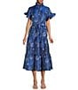 Abbey Glass Floral Print Sadie Ruffle Stand Collar Short Sleeve Tie Waist Tiered Pocketed Midi Dress, Color:Blue Multicolor - Image 1