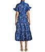 Abbey Glass Floral Print Sadie Ruffle Stand Collar Short Sleeve Tie Waist Tiered Pocketed Midi Dress, Color:Blue Multicolor - Image 2