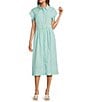 Abbey Glass Harper Stripe Print Button Down Collar Short Sleeve Poplin Midi Dress, Color:Turquoise Stripe - Image 1