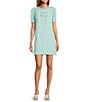 Abbey Glass Marty Stripe Print Crew Neckline Short Puff Sleeve Poplin Mini Shift Dress, Color:Turquoise Stripe - Image 1