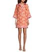 Abbey Glass Piper V-Neck 3/4 Sleeve Caftan Mini Dress, Color:Hot Coral - Image 1