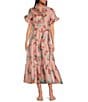 Abbey Glass Sadie Ruffle Short Sleeve Tie Waist Tiered Pocketed Midi Dress, Color:Pink Plumeria - Image 1