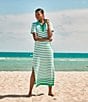 Color:White/Palm Stripe - Image 4 - Kiawah Striped Polo Short Sleeve Side Slit Shift Maxi Dress