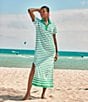 Color:White/Palm Stripe - Image 5 - Kiawah Striped Polo Short Sleeve Side Slit Shift Maxi Dress