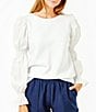 Color:White - Image 1 - Long Sleeve Prep Mixed Media Long Puff Sleeve Pullover Top
