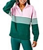 Addison Bay Stripe Color Block Varsity Quarter Zip Long Sleeve Pullover, Color:Petal/Ivy - Image 1