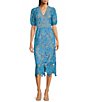 Color:Blue - Image 1 - Button Front V-Neck Illusion Lace Short Puffed Sleeve Sheath Midi Dress