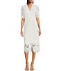 Color:White - Image 1 - Button Front V-Neck Illusion Lace Short Puffed Sleeve Sheath Midi Dress