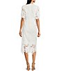 Color:White - Image 2 - Button Front V-Neck Illusion Lace Short Puffed Sleeve Sheath Midi Dress