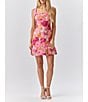 Color:Pink/Yellow - Image 1 - Floral Jacquard Square Neck Sleeveless Ruffle Hem Mini Dress