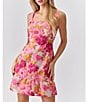 Color:Pink/Yellow - Image 4 - Floral Jacquard Square Neck Sleeveless Ruffle Hem Mini Dress