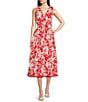 Color:Poppy Red - Image 1 - Floral Tie Shoulder V-Neck Sleeveless Smocked Waist Scalloped Trim Midi A-Line Dress