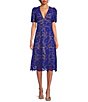 Color:Blue - Image 1 - Lace V Neckline Short Puff Sleeve Midi Dress