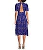 Color:Blue - Image 2 - Lace V Neckline Short Puff Sleeve Midi Dress
