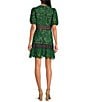 Color:Green/Navy - Image 2 - Lace V Neckline Short Puff Sleeve Mini Dress
