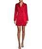 Color:Red - Image 1 - Long Sleeve Surplice Notch Collar Woven Satin Double Breasted Tuxedo Mini Dress