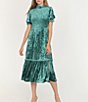 Color:Evergreen - Image 1 - Open Back Detail Mock Neck Short Puff Smocked Sleeve Tiered Velvet Midi Dress