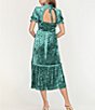Color:Evergreen - Image 2 - Open Back Detail Mock Neck Short Puff Smocked Sleeve Tiered Velvet Midi Dress