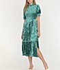 Color:Evergreen - Image 4 - Open Back Detail Mock Neck Short Puff Smocked Sleeve Tiered Velvet Midi Dress