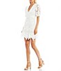 Color:White/White - Image 1 - V-Neck 3D Floral Lace Short Sleeve Sheath Tonal Trim Scallop Hem Dress