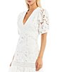 Color:White/White - Image 3 - V-Neck 3D Floral Lace Short Sleeve Sheath Tonal Trim Scallop Hem Dress