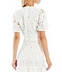 Color:White/White - Image 4 - V-Neck 3D Floral Lace Short Sleeve Sheath Tonal Trim Scallop Hem Dress