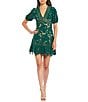 Color:Emerald Green - Image 1 - V-Neck 3D Floral Lace Short Sleeve Sheath Tonal Trim Scalloped Hem Dress