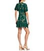 Color:Emerald Green - Image 2 - V-Neck 3D Floral Lace Short Sleeve Sheath Tonal Trim Scalloped Hem Dress