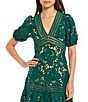 Color:Emerald Green - Image 3 - V-Neck 3D Floral Lace Short Sleeve Sheath Tonal Trim Scalloped Hem Dress