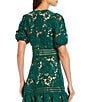 Color:Emerald Green - Image 4 - V-Neck 3D Floral Lace Short Sleeve Sheath Tonal Trim Scalloped Hem Dress