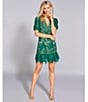 Color:Emerald Green - Image 6 - V-Neck 3D Floral Lace Short Sleeve Sheath Tonal Trim Scalloped Hem Dress