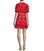 Color:Red - Image 2 - V-Neck 3D Floral Lace Short Sleeve Sheath Tonal Trim Scallop Hem Dress